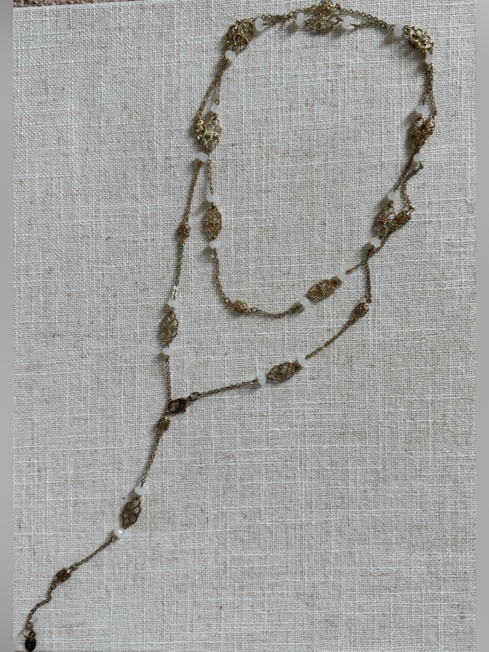 Gold Filigree Lariat Necklace Long Chain Layering White Gemstone Opera
